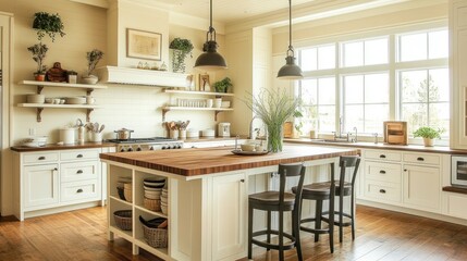 Farmhouse kitchen island, sunlight, open shelving, wood floors, home design