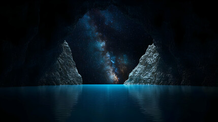 Dark Cave Entrance With Milky Way Reflection