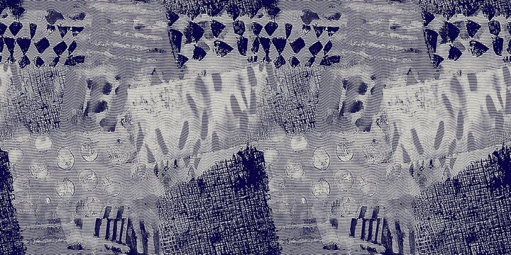 Seamless indigo blue woven grunge dye border pattern. Irregular boro effect dye washed out resist banner background. Block print woven style for trendy vintage wash tape edging trim textures.