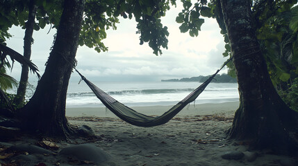 Secluded beach hammock. Relaxation awaits on a tropical shore framed by trees. Enjoy the serenity of ocean views and gentle breezes in this tranquil paradise.