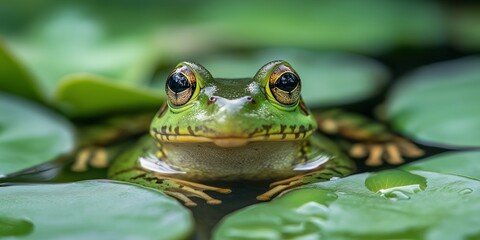 Obraz premium A vibrant green frog rests on lily pads, showcasing nature's beauty and tranquility amidst serene waters.