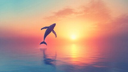 Fototapeta premium A humpback whale gracefully leaps out of the sea, hovering in mid-air, symbolizing freedom, strength, and the beauty of nature’s power in a modern, awe-inspiring moment.