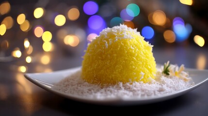 Golden Delights: A culinary spectacle showcases a dome of vibrant yellow, textured delight resting atop a bed of white, evoking the essence of pure indulgence and gastronomic pleasure.