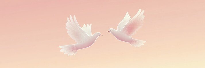 Fototapeta premium Doves fly together in harmony with elegant lines against a soft pastel sky background, conveying peace and love in a tranquil atmosphere