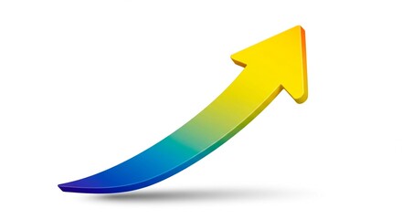 A vibrant arrow curves upwards, showcasing growth and progress, blending from blue to yellow, symbolizing a positive trajectory.