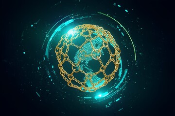 Digital globe representation with chain links showcasing global connectivity and technology concepts in vibrant colors