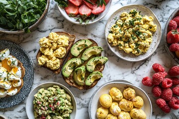 Overhead shot of a bright, vibrant breakfast spread with avocado toast, scrambled eggs and fresh berries on a marble table creating an enticing and healthy food concept.