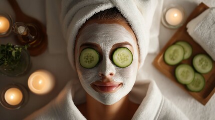 Tranquil Spa Day: A serene woman enjoys a revitalizing spa experience, her face adorned with a soothing mask and refreshing cucumber slices, surrounded by soft candlelight for ultimate relaxation.