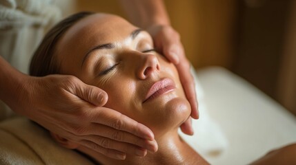 Spa Bliss: Facial Massage. A woman finds complete relaxation and rejuvenation as skilled hands administer a soothing facial massage, promoting well-being and tranquility.