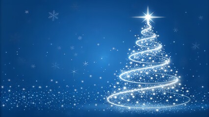 A blue background with a glowing Christmas tree, star, and swirls of light particles on the right side of it The Christmas tree is made from sparkling white lights space for text, 
