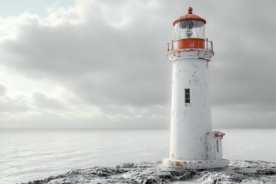 Rustic lighthouse on rocky shore: weathered beacon against overcast sky and calm sea