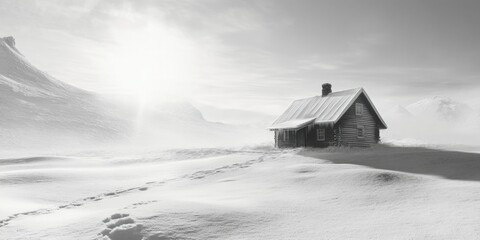 Abandoned log cabin in winter landscape.