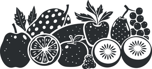 Black and white illustration of assorted fruits, including apple, orange, and kiwi, as a decorative pattern.