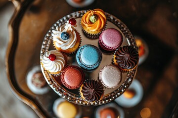 Fototapeta premium An elegant top-down view of assorted cupcakes and macarons on a decorative silver tray, creating a visually appealing and delectable dessert collection.