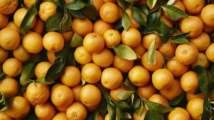 Yellow background: tangerines and fresh leaves.