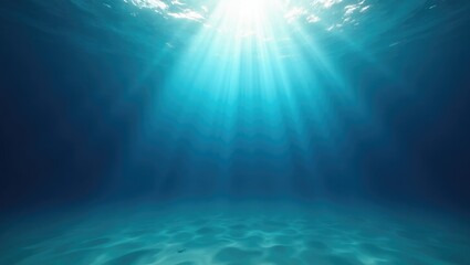 Deep blue underwater rays of sunlight burst through the ocean