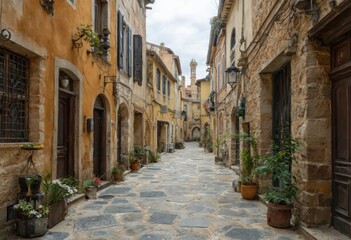 Fototapeta premium A Serene and Charming Narrow Street in an Old Mediterranean Village