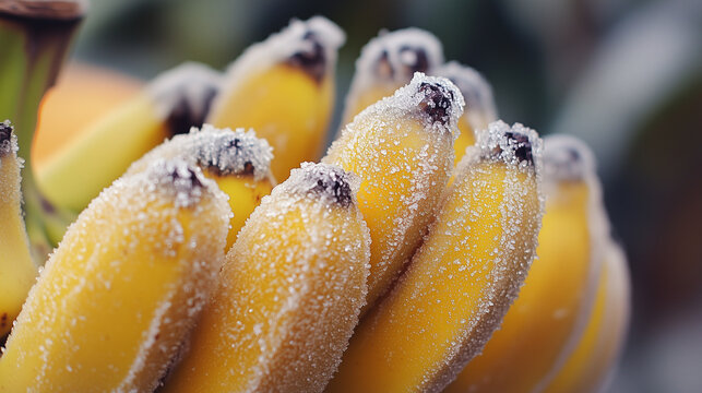 A bunch of frost-covered bananas, their skins textured with fine layers of crystalline ice.