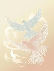 Obraz premium Elegant logo of two doves flying together against a soft pastel sky background symbolizing peace and love in modern design