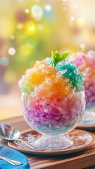 Un colorido postre de hielo de nieve en un vaso, adornado con una hoja verde, sobre un mantel azul, con una cuchara y un fondo brillante.