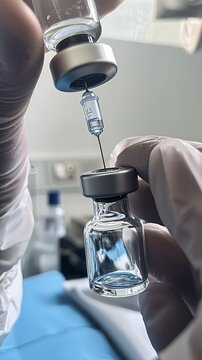 Primer plano de una mano enguantada extrayendo l&iacute;quido de una botella con una jeringa.