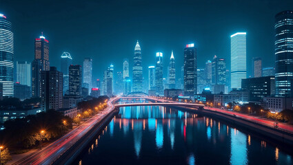 Fototapeta premium Illuminated Futuristic Cityscape with Glowing Skyscrapers, Neon Lights, and Technology-Driven Smart Urban Infrastructure – Digital Modern City of the Future Concept