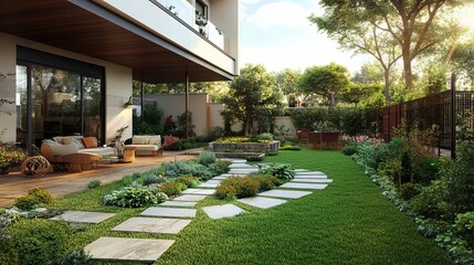 Stylish house's backyard garden.