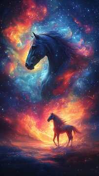 Majestic Horse Silhouette Surrounded by Vibrant Galaxies and Glowing Horizon

