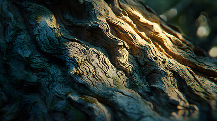Textured bark: Capturing the captivating details of aged wood, where sunlight dances across the rough texture. A close-up, naturalistic view of the bark, reveals patterns and organic beauty.