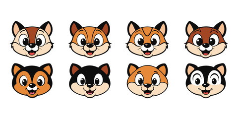 Set of Cute Cartoon Squirrel Faces with Different Colors and Expressions