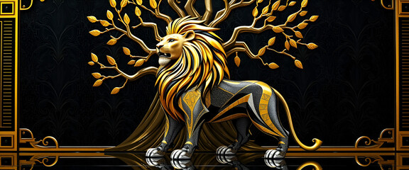 Hyper-Realistic Art Deco Lion & Tree – Stunning High-Definition Artwork, No 276