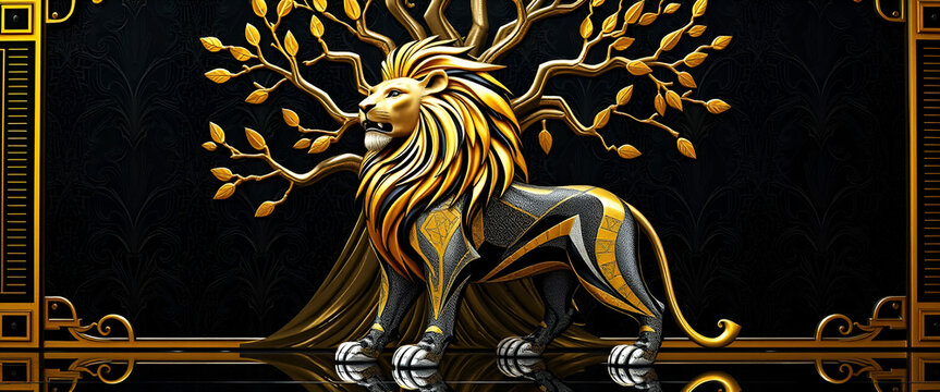 Hyper-Realistic Art Deco Lion & Tree &ndash; Stunning High-Definition Artwork, No 276