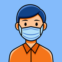 A young man wearing a protective face mask, a simple yet powerful image representing safety and health during a pandemic, with bold outlines and flat colors.