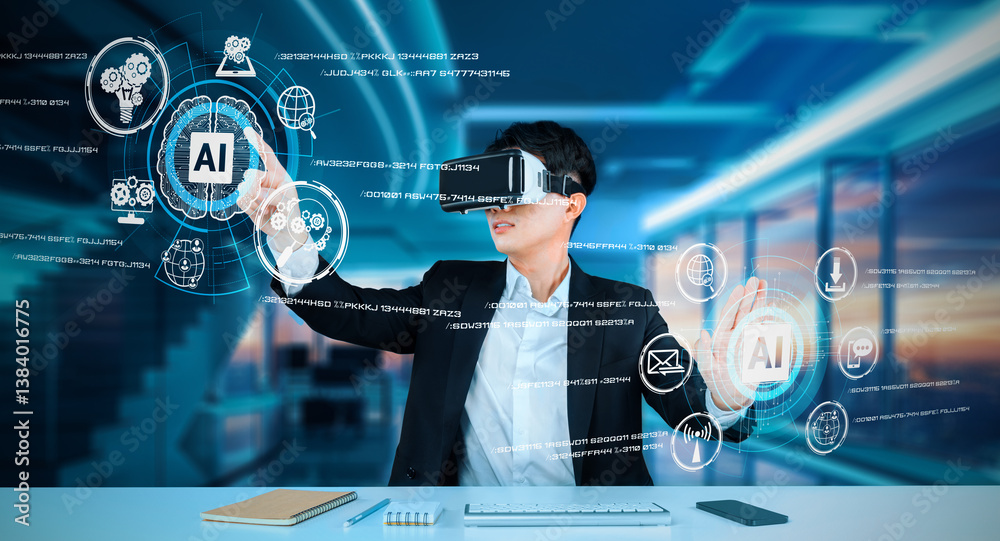 Poster business man with goggles working while using ai technology. project manager with formal suit checki