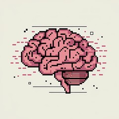 Pixelated brain with glitch effects on a light background  
