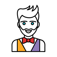 A cheerful, stylish man with a vibrant bow tie and colorful vest, radiating positive energy and bold fashion sense, depicted in a clean line art style.