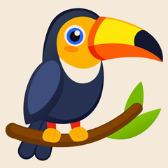 Obraz premium A cheerful toucan perched on a branch, enjoying a sunny day in a vibrant tropical paradise with bold colors and simple lines.