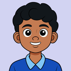 A cheerful young boy with a warm smile and dark curly hair, wearing a blue collared shirt against a soft purple background.
