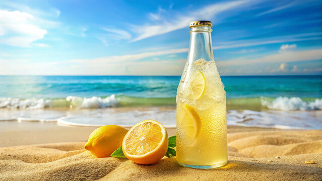 lemon color fizzy drink glass bottle beach background