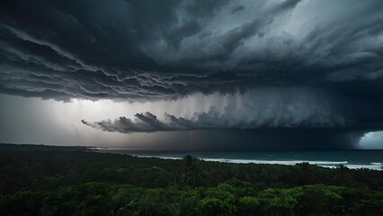 A storm is brewing in the sky, with dark, dense clouds covering the horizon. The atmosphere is tense, and strong winds are beginning to blow, foreshadowing a major weather phenomenon.
