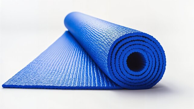 Una esterilla de yoga azul enrollada sobre un fondo blanco.