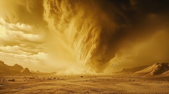 Una tormenta de arena masiva se eleva sobre un paisaje des&eacute;rtico, con monta&ntilde;as en la distancia y un cielo nublado.