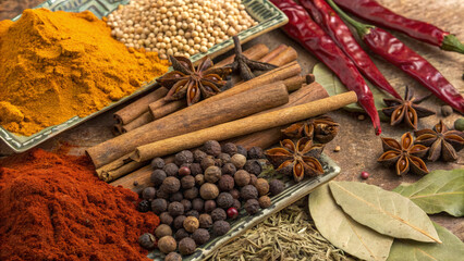 Fototapeta premium Vintage grunge colorful collage background with different spices theme. Different textures and shapes