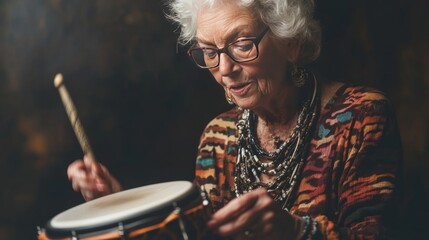 Older woman beats the drums.