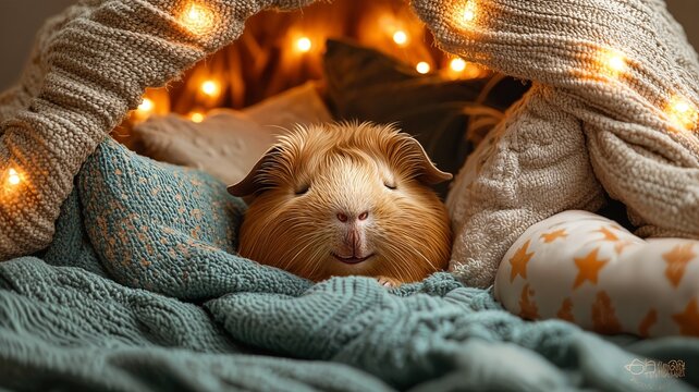 Un adorable cobaya acurrucada bajo una manta acogedora, con luces de hadas c&aacute;lidas y borrosas de fondo.