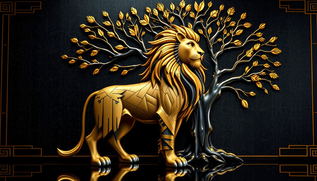 Hyper-Realistic Art Deco Lion & Tree &ndash; Stunning High-Definition Artwork, No 271