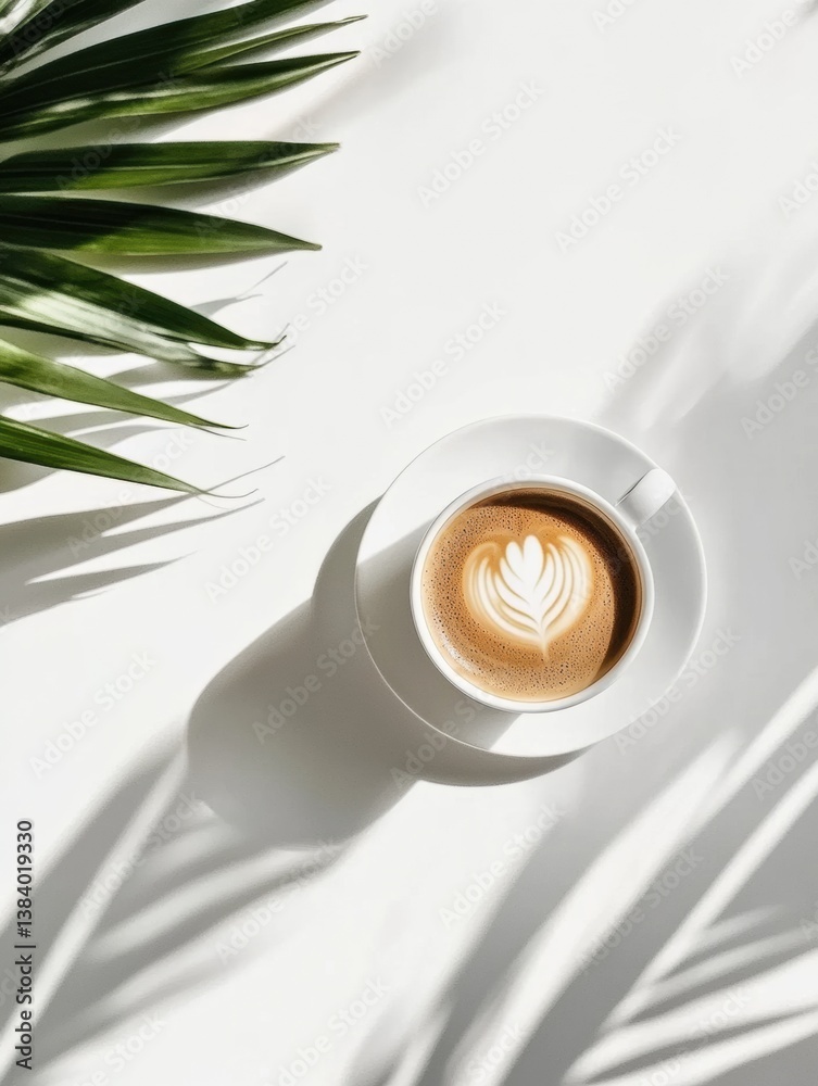 Poster minimalist design featuring a coffee cup on a clean white table with soft shadows for an elegant, si