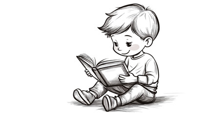 Boy Sitting and Reading the Book Outline Doodle Vector Illustration Isolated on White Background