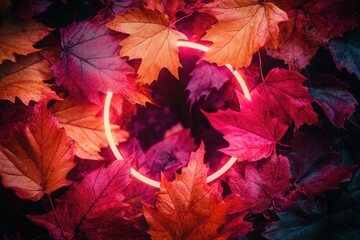 Autumn leaves with a pink and purple glowing ring in the center.