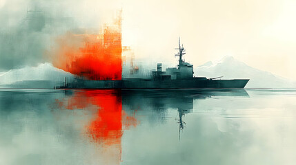 War ship watercolor scene